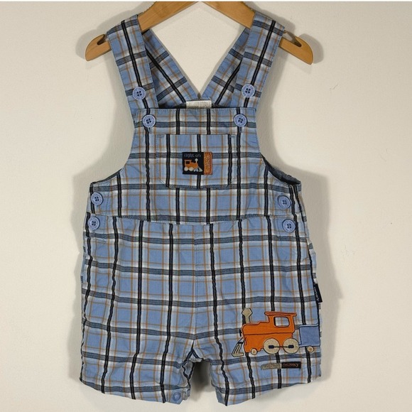 Carter's Kids Other - VTG Carters Kids Baby Boy Blue Plaid Train Embroidered Shortalls Overalls 6-9 M